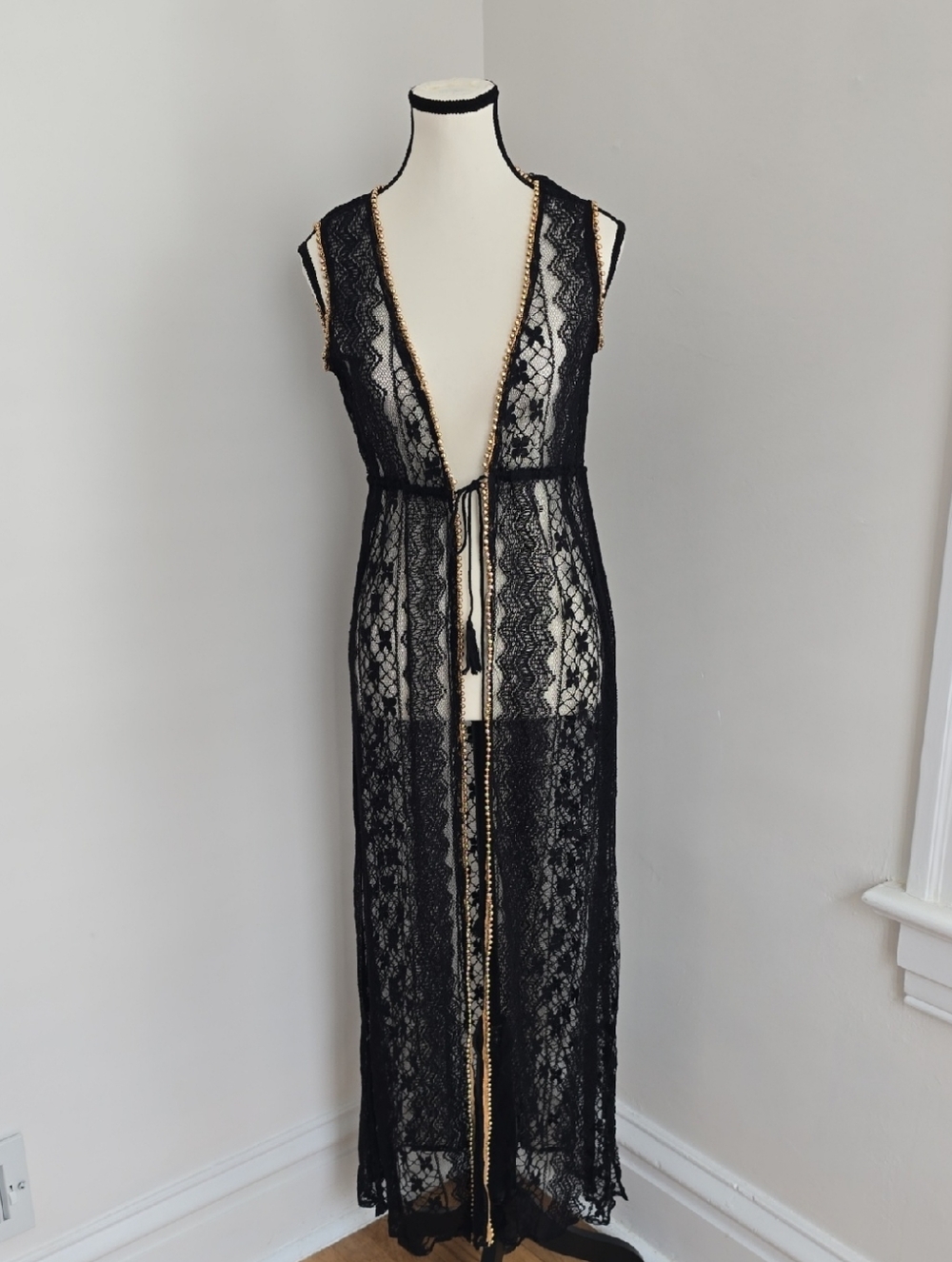Santa Pagana Ibiza Black Lace Long Kimono/ Coverup with Gold Beaded Trim